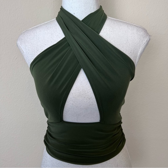 Fashion Nova Olive Green Slinky Multi-way Criss Cross Halter Cut Out Crop Top - Picture 4 of 15